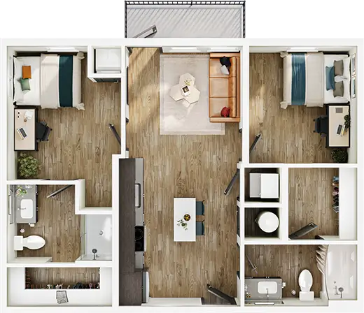 B2 floor plan diagram — 2 Bed · 2 Bath · 787–798 sq ft