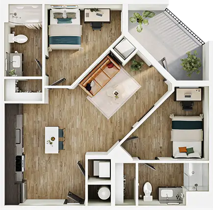 B4 floor plan diagram — 2 Bed · 2 Bath · 800–819 sq ft