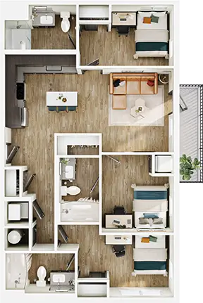 C1 floor plan diagram — 3 Bed · 3 Bath · 1,036–1,047 sq ft