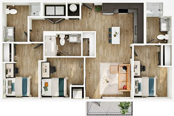C2 floor plan diagram — 3 Bed · 3 Bath · 1,039 sq ft