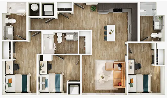 C3 floor plan diagram — 3 Bed · 3 Bath · 1,043–1,064 sq ft