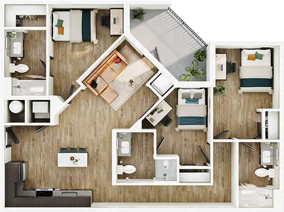 C5 floor plan diagram — 3 Bed · 3 Bath · 1,065–1,078 sq ft
