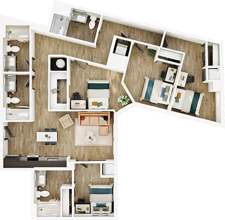 D10 floor plan diagram — 4 Bed · 4 Bath · 1,382–1,402 sq ft