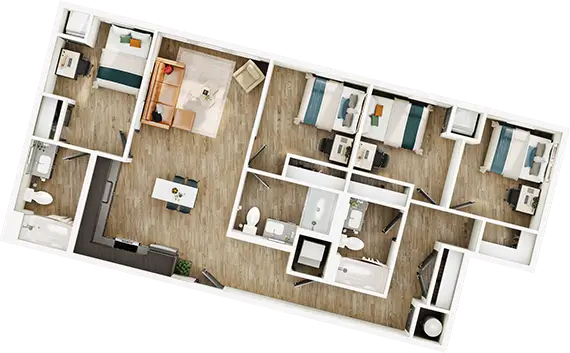D2 floor plan diagram — 4 Bed · 3 Bath · 1,208–1,216 sq ft