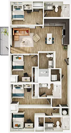 D4 floor plan diagram — 4 Bed · 4 Bath · 1,275–1,276 sq ft