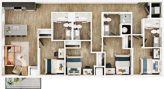 D8 floor plan diagram — 4 Bed · 4 Bath · 1,283–1,286 sq ft