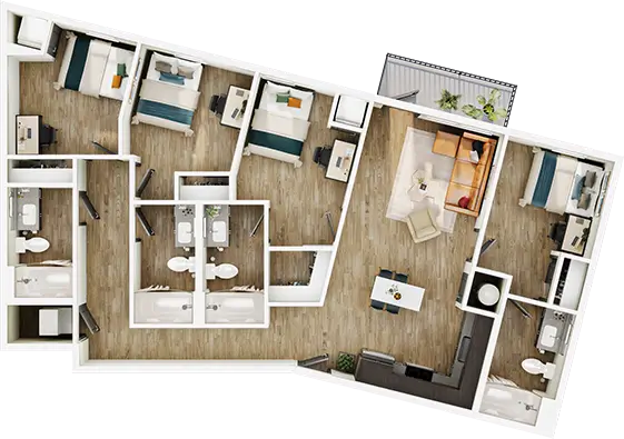 D9 floor plan diagram — 4 Bed · 4 Bath · 1,317–1,318 sq ft